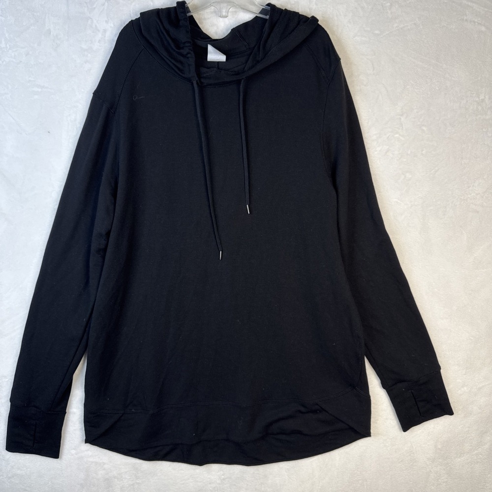 Athletic Works Women Black Liquid Knit Hoodie High Low Thumbhole Size L 12-14